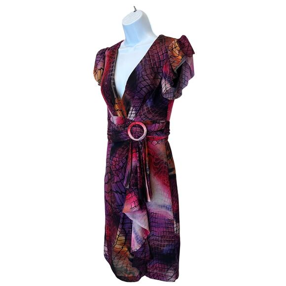 Flor Et.AI Python Mini Wrap Dress Pink Purple Size 2 Chiffon Work Designer $495 - Picture 3 of 5